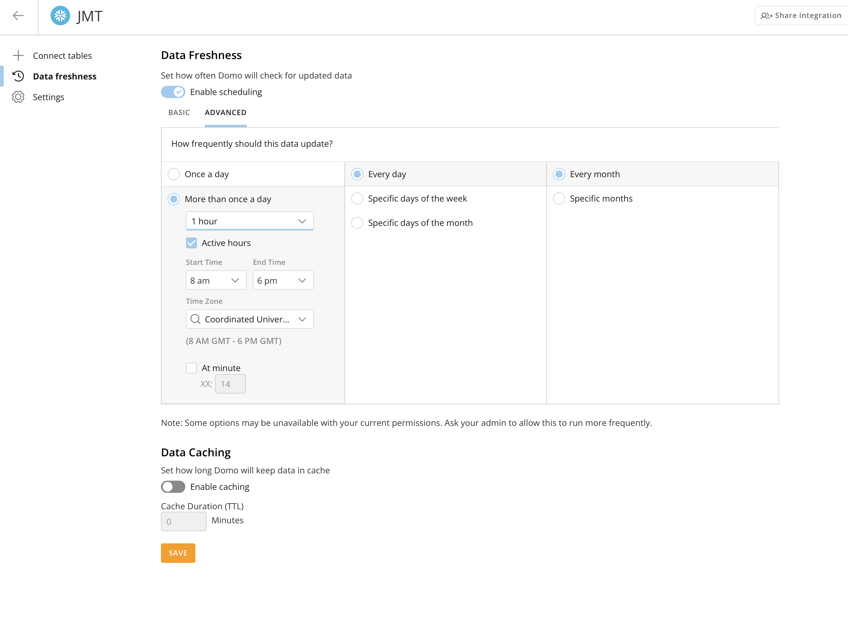 Domo Cloud Amplifier freshness check settings